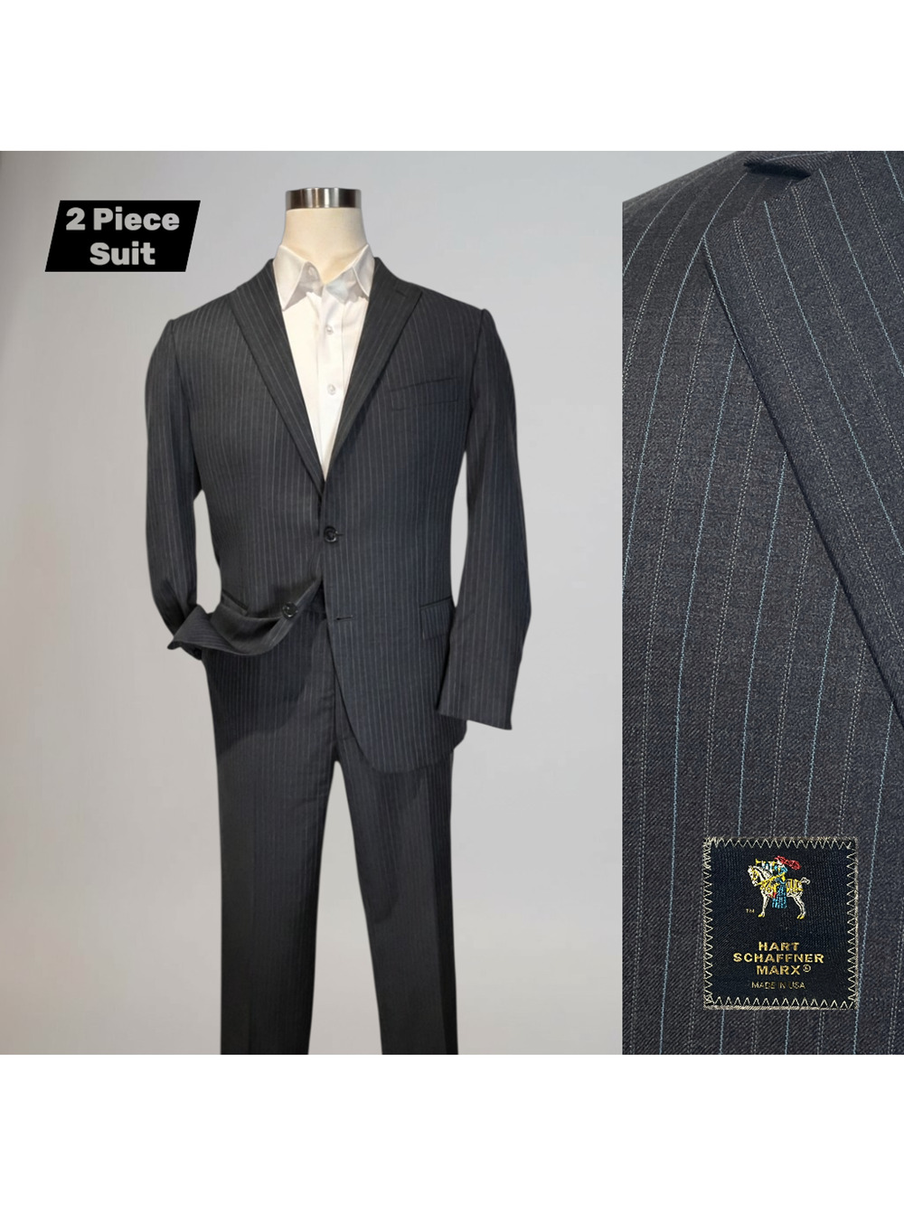 Hart Schaffner Marx 46R 38x27.5 Gray Ice Blue Multi-Stripe Quality Suit USA